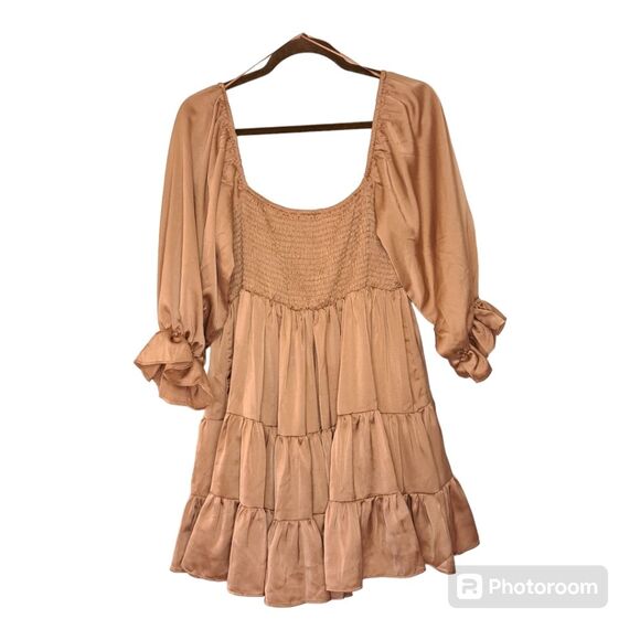 Ella Blue Dusty Mauve Pink Ruffle Tier Dress Solid Flared Mini Feminine Size L - Picture 2 of 12